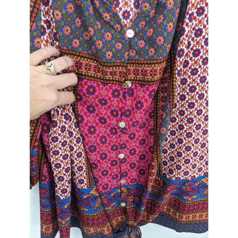 Fig and Flower Blouse Womens 1X Pink Colorful Button Down Floral‎ Tie Front Boho - Picture 3 of 9